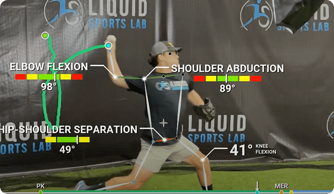 PitchAI biomechanics analysis overlay on a pitcher's delivery