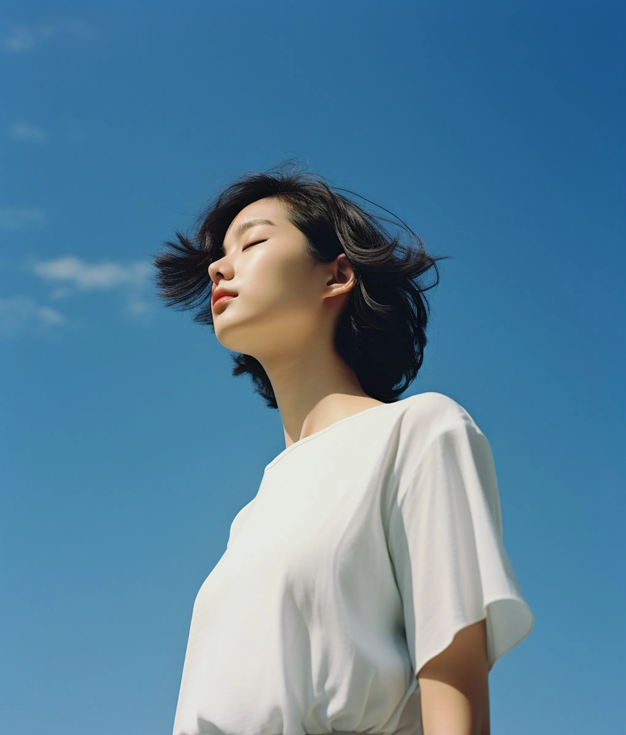 A woman with her hair blowing in the wind.