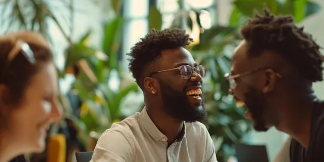 A group of people sitting around a table laughing.
