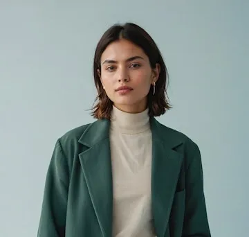 A woman wearing a green coat and turtle neck sweater.
