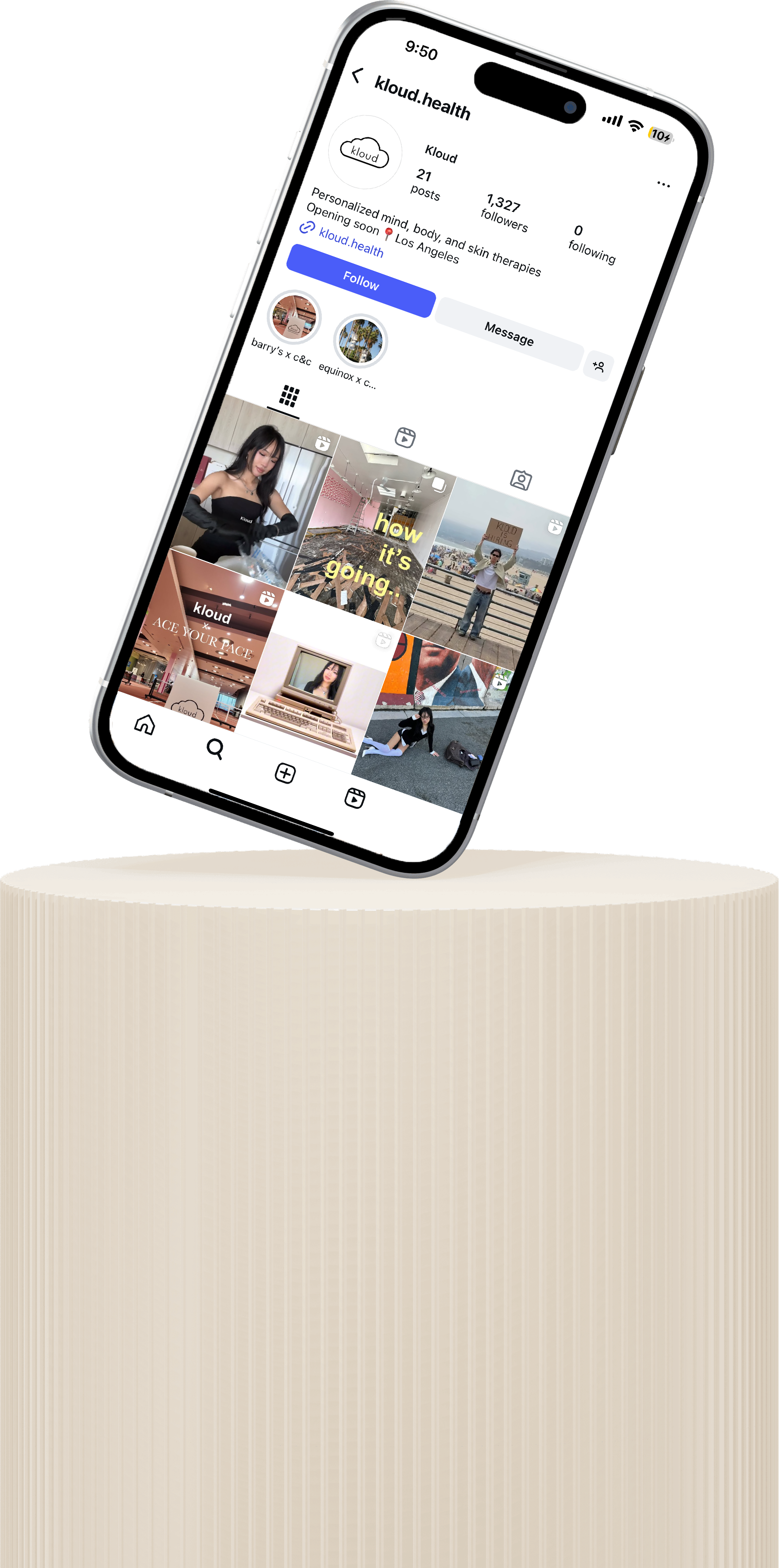 iPhone displaying the Instagram page of Kloud Health, showcasing wellness and aesthetic services.