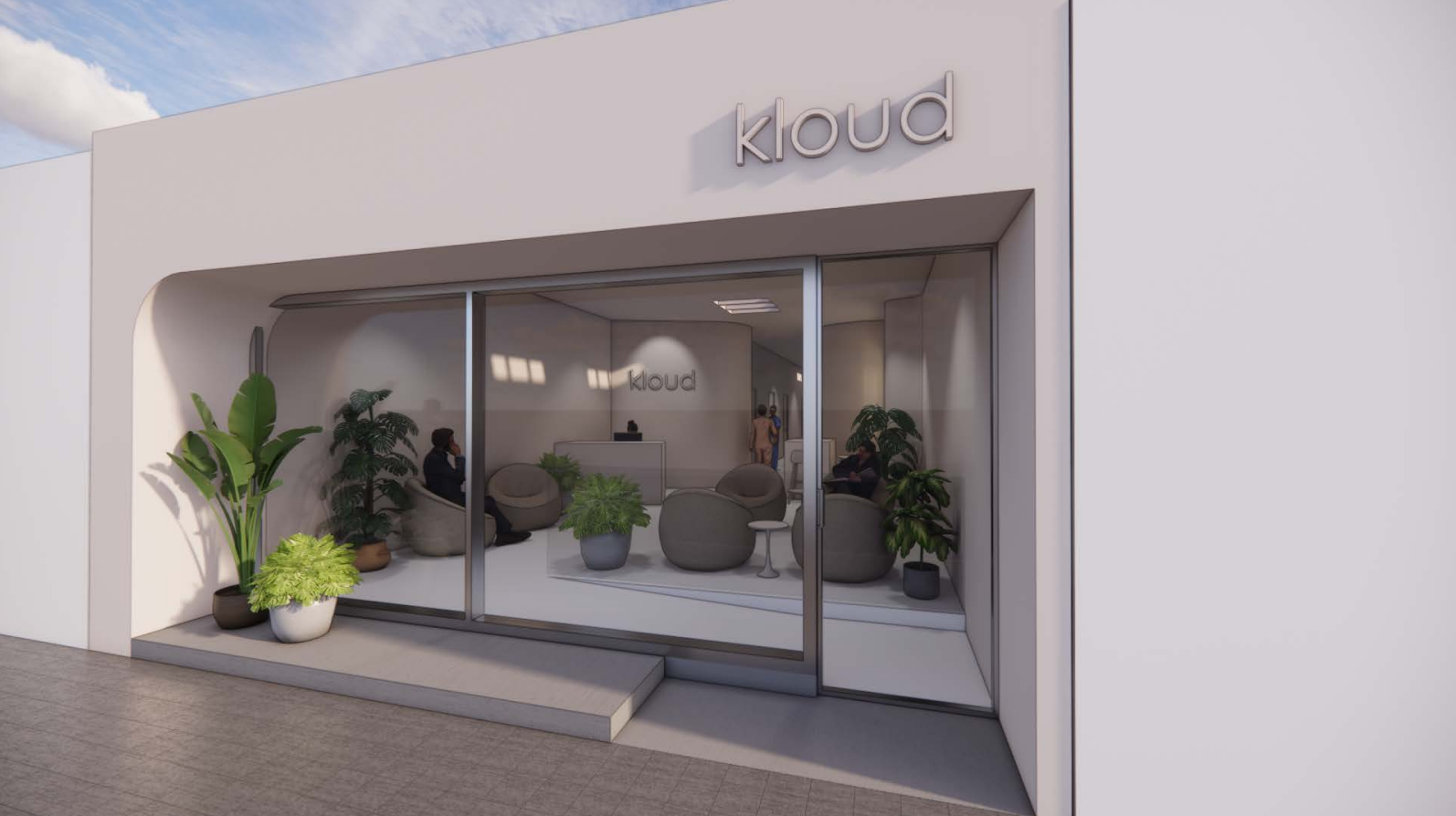 Exterior view of Kloud Health clinic in Los Angeles, showcasing a modern, inviting facade with sleek, contemporary design elements.