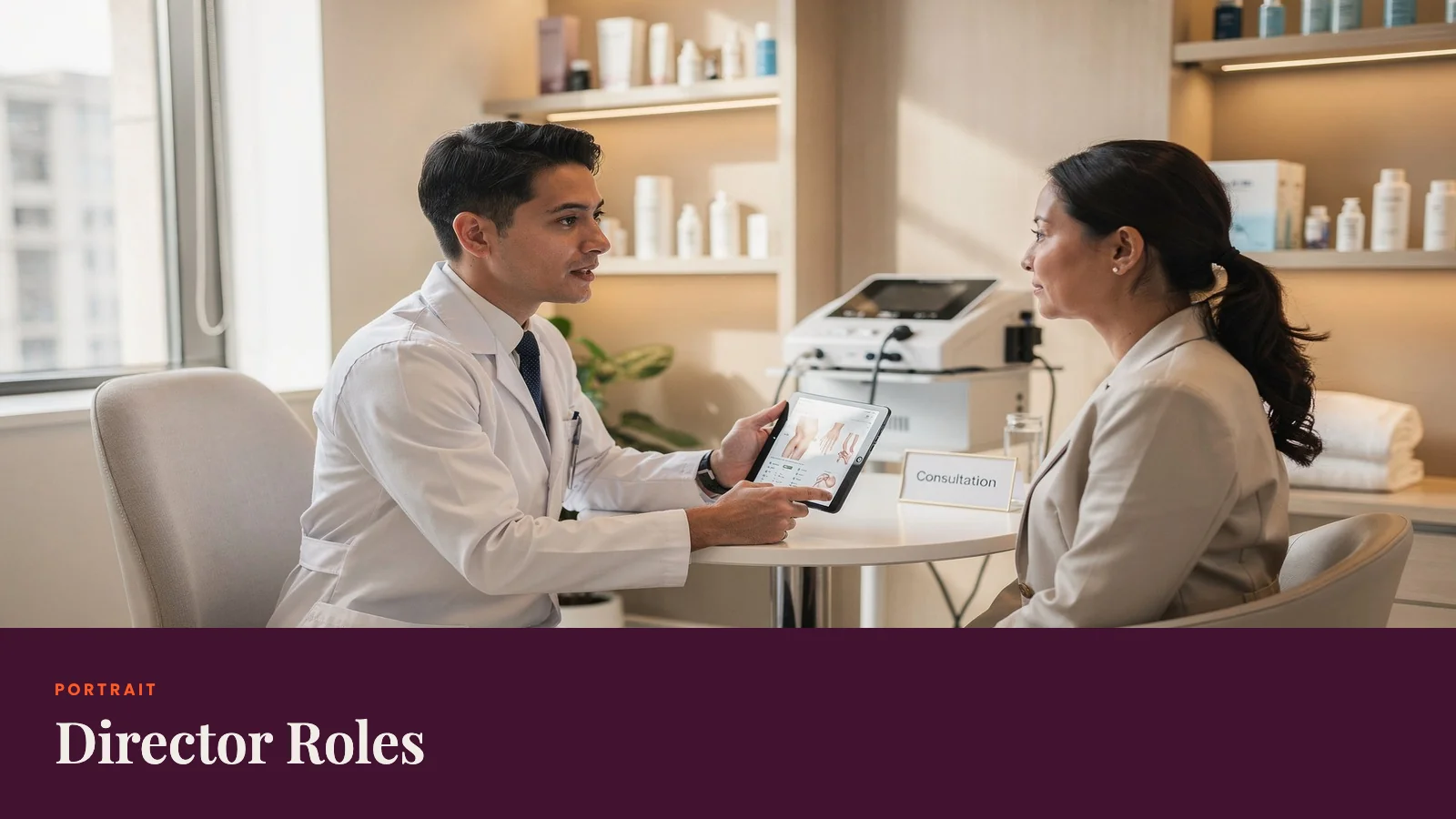 A physician and an administrator reviewing a tablet together in a clinic