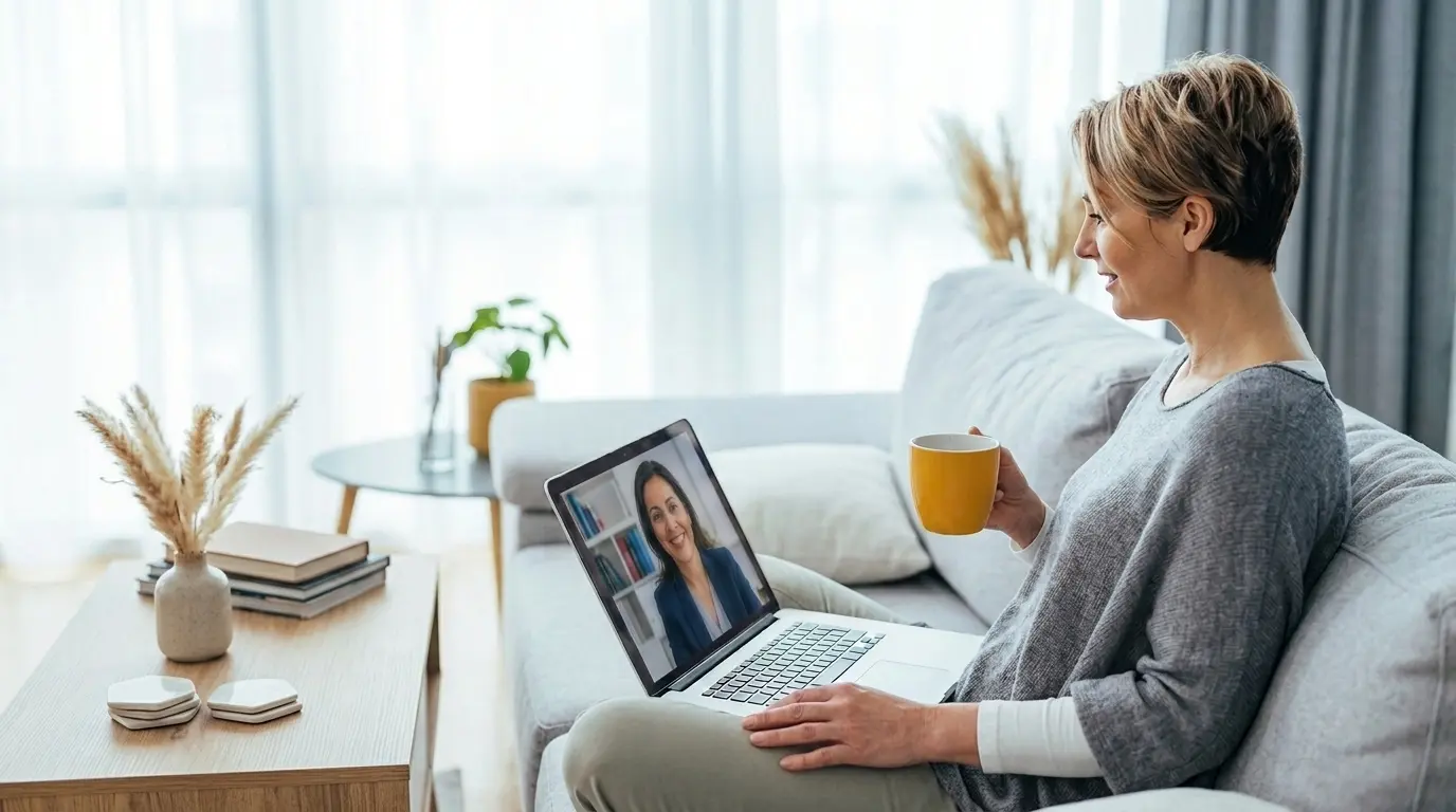 A woman sitting comfortably on her couch with a coffee cup and a laptop in her lap. She is on a televideo call.