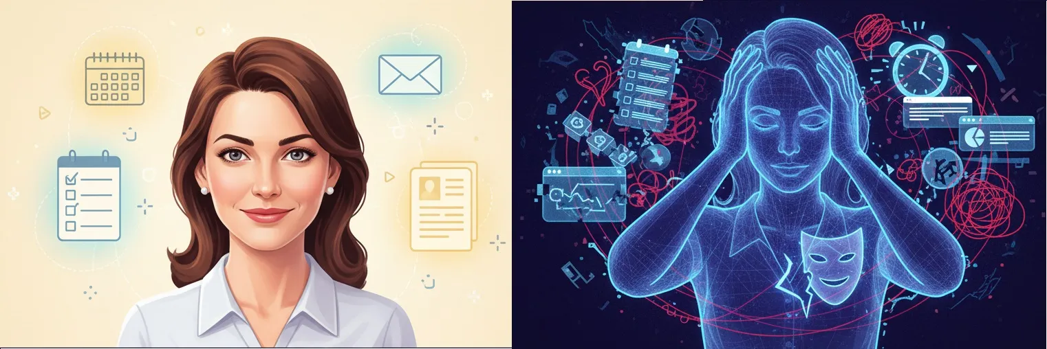 A woman smiling and organized on the left, but a silhouette holding her head with a mask and chaos on the right