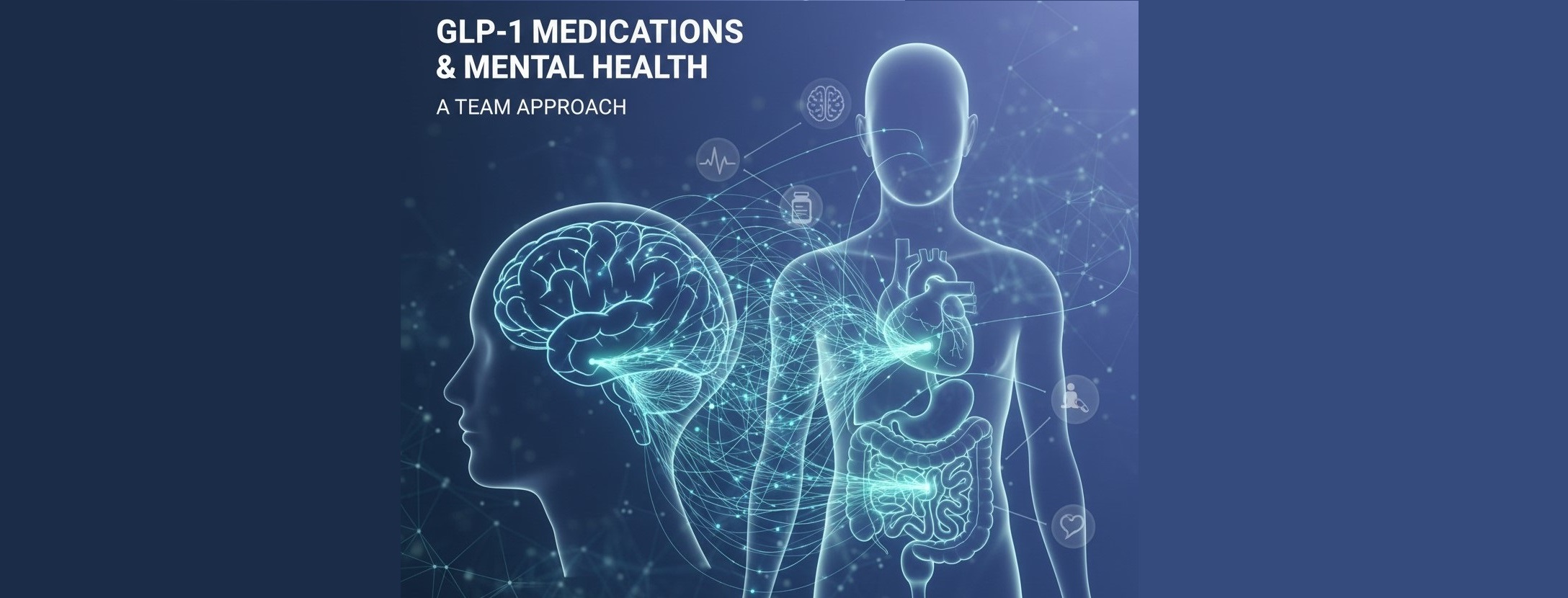 The connection between mental health and GLP-1s showing a brain and links to a stomach.