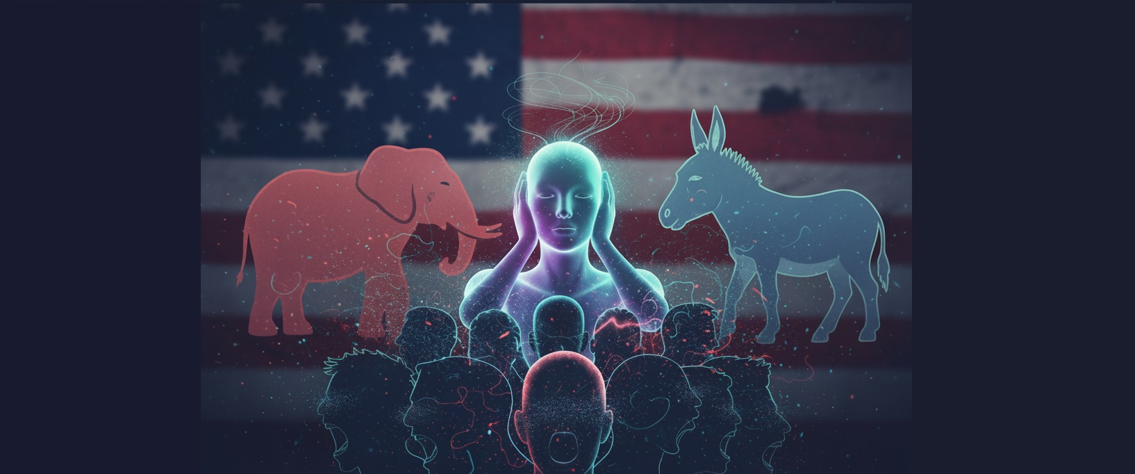 Person holding their ears in front of a faded American flag with a republican elephant and democrat donkey facing off and people of blue and red colors screaming.