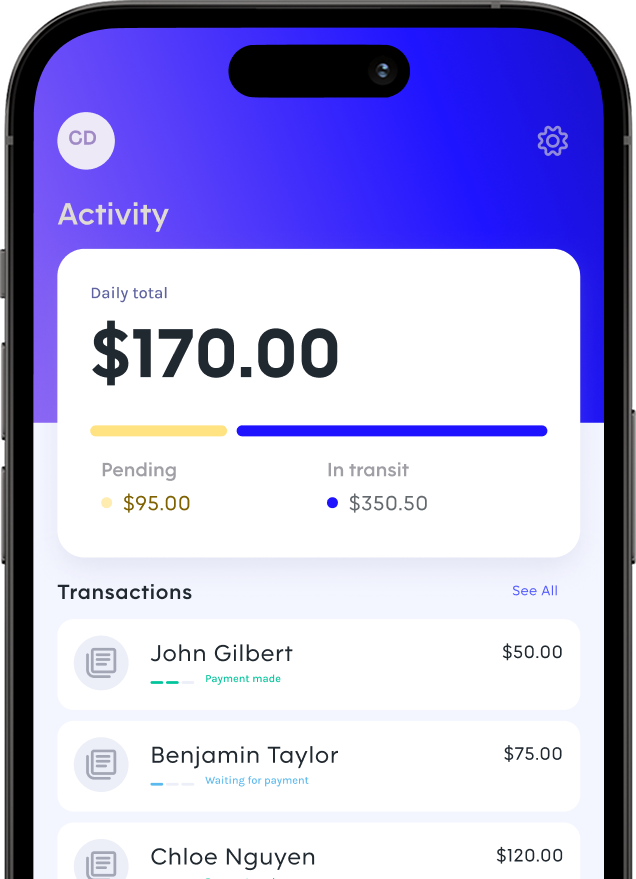 Mobile app interface displaying daily total of $170.00, with transaction details for pending, in transit, and completed payments.