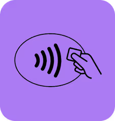 "Illustration of a hand tapping a card for contactless payment inside an oval shape, on a purple background.