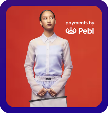Fashionable woman standing against a red background holding a shopping bag, with the text 'payments by Pebl' in the corner.