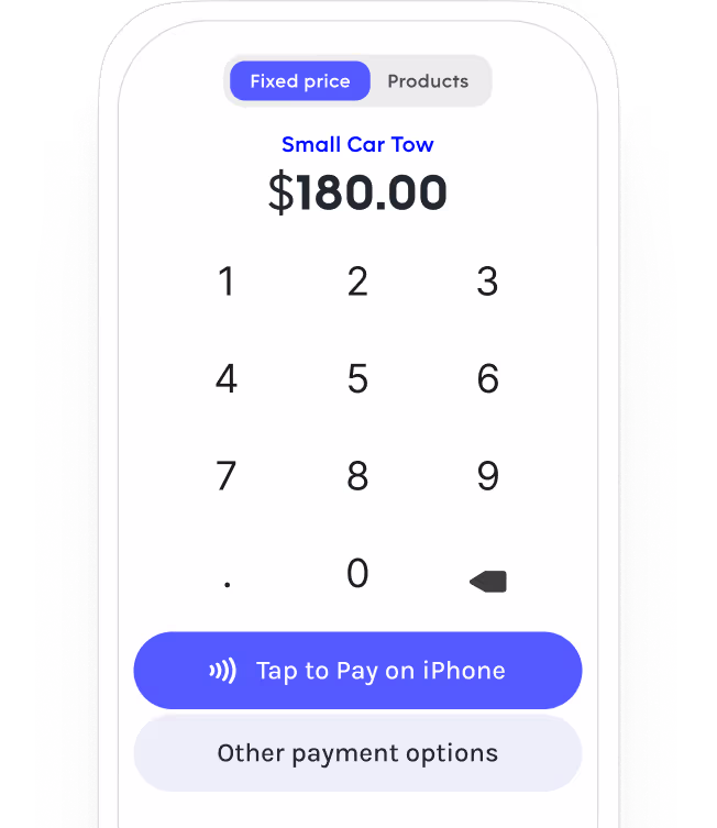 Digital payment screen showing $180.00 paid to Local Tow Co. with NFC symbol and transaction marked as complete.
