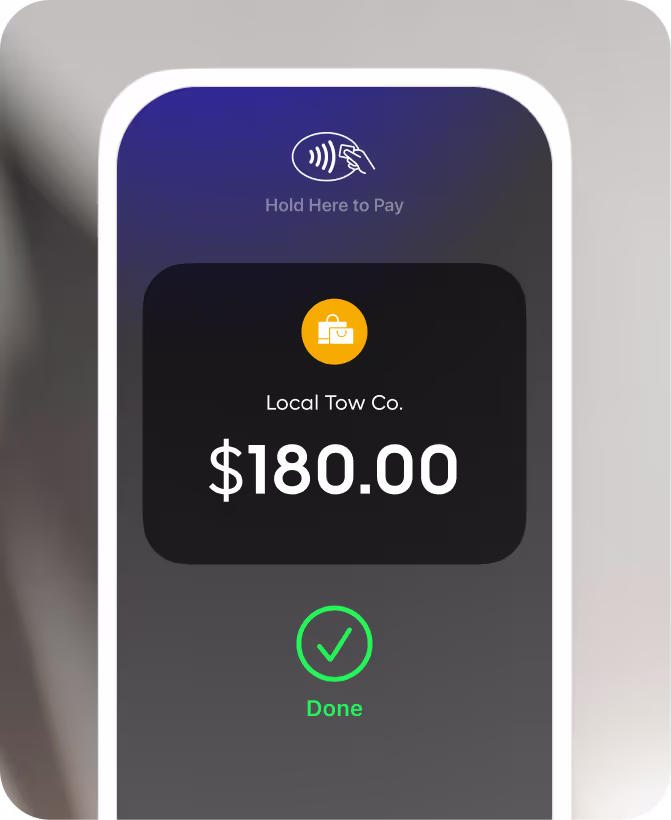 Mobile screen showing fixed price entry of $180.00 for a Small Car Tow with a number pad and Tap to Pay on iPhone option.