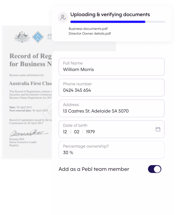 Pebl onboarding screen showing business document verification in progress and a form filled with user details including full name, phone number, address, date of birth, and ownership percentage.