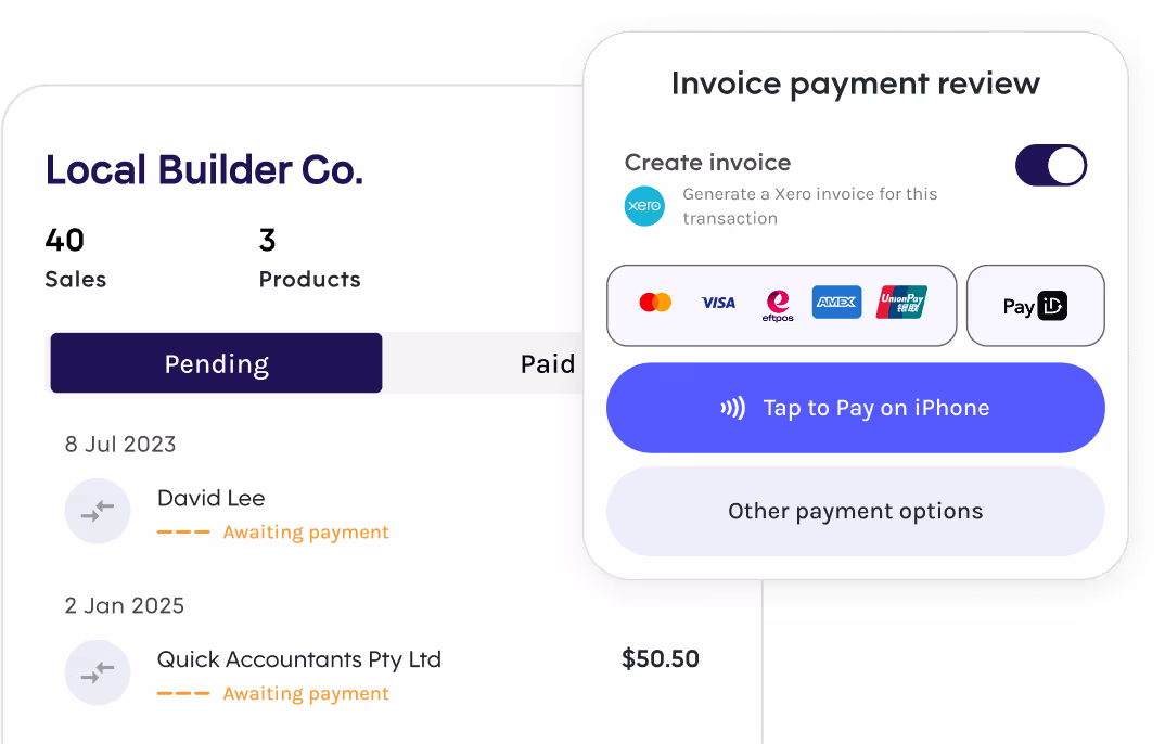 Invoice payment screen for Local Builder Co. showing pending payments, Xero invoice creation toggle, and multiple payment options including Tap to Pay on iPhone and major card providers.