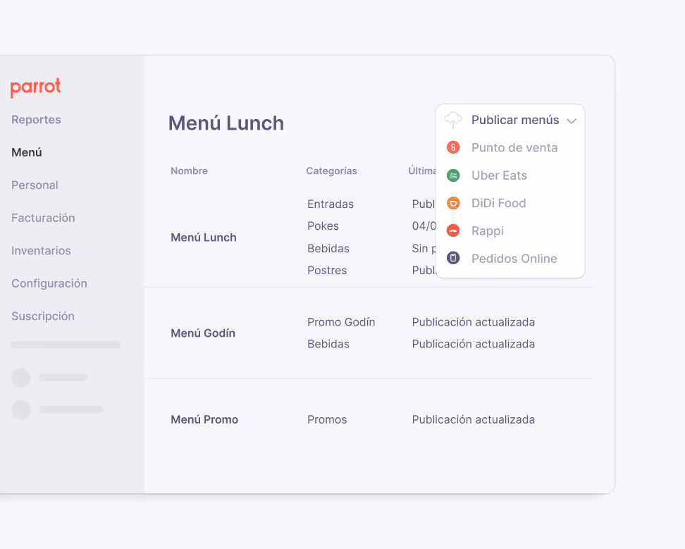 Con Parrot Software puedes prender y apagar los canales de delivery de tus menús