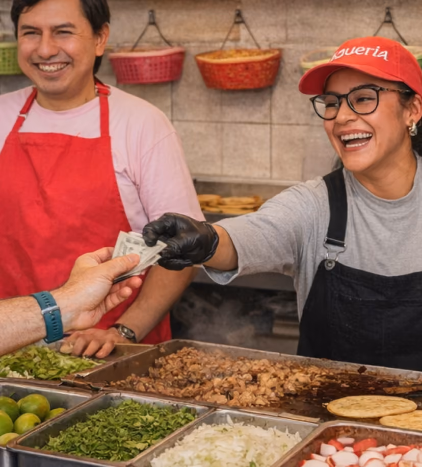 Mujer sonriente con gorra roja entregando efectivo a un cliente en un puesto de comida con diversos ingredientes frescos y carne cocida, mientras otra persona con delantal rojo observa con alegría.