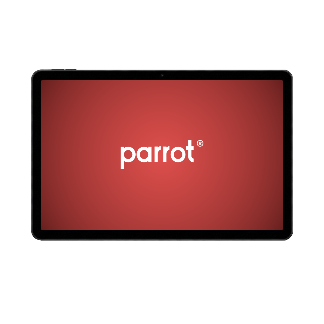 Tablet screen displaying the word 'parrot' in white on a red background.