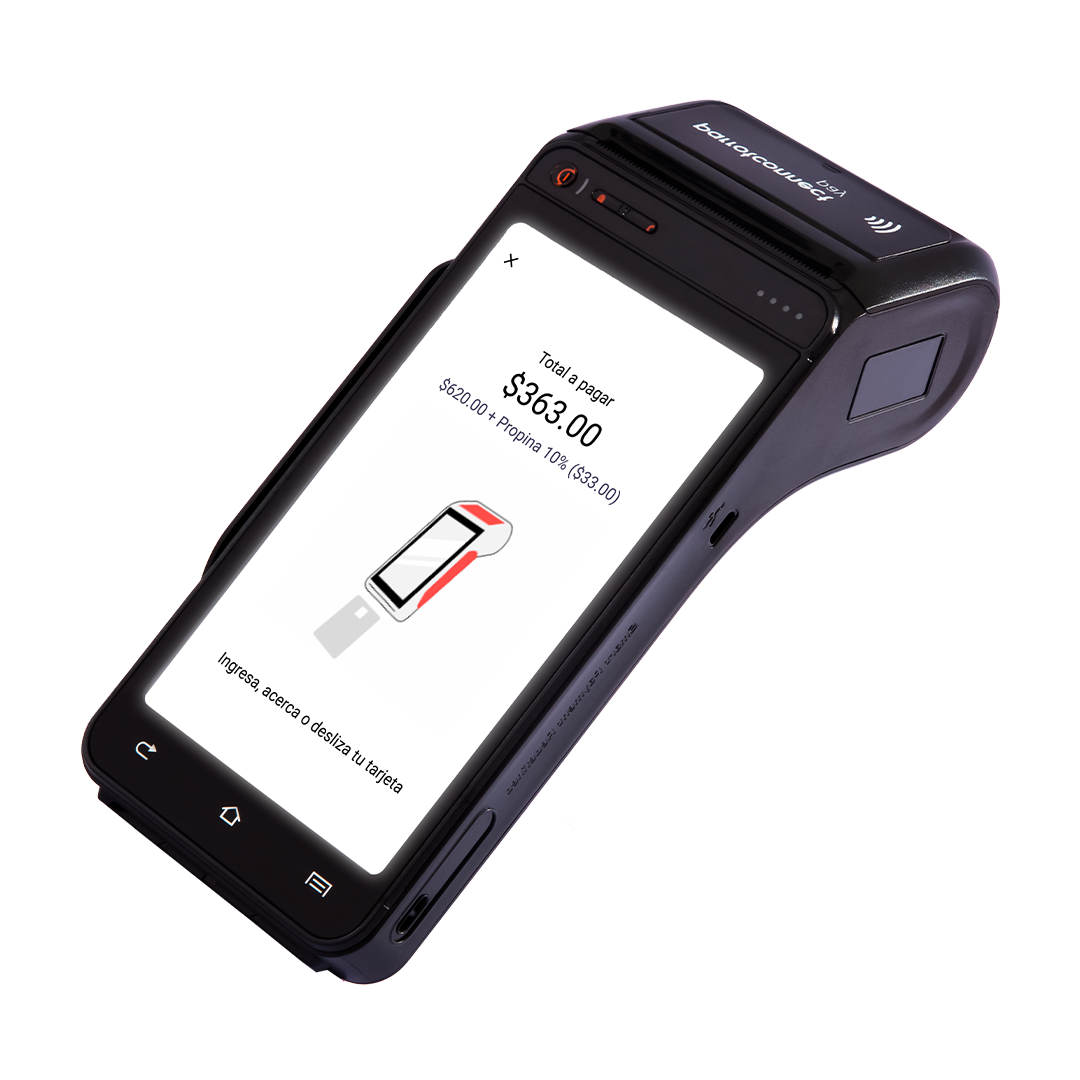 Black payment terminal displaying total to pay $363.00 with instructions to swipe or insert card.