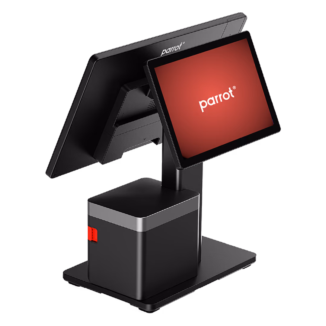Black Parrot dual-screen point-of-sale system with customer-facing touchscreen on stand.