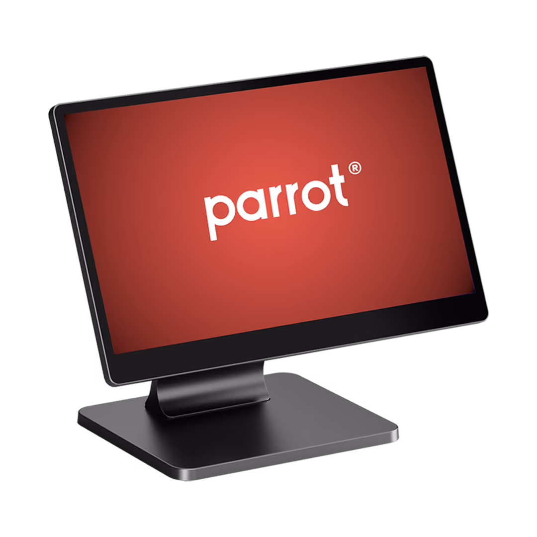 Black desktop monitor displaying the word 'parrot' on a red background.