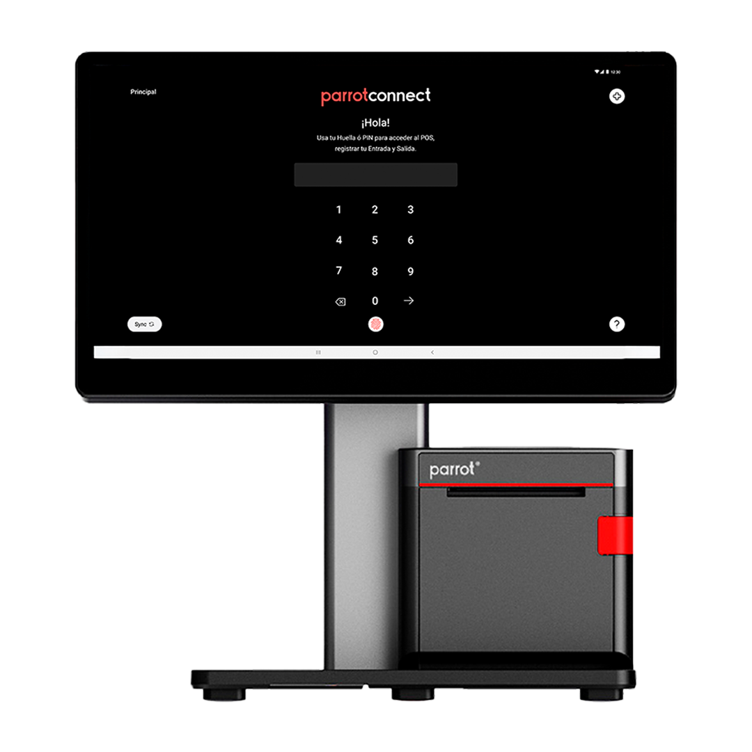 Parrot Connect POS system with touchscreen showing PIN pad and fingerprint login options.