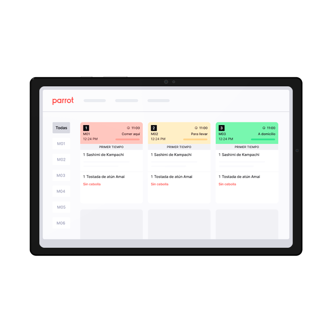 Tablet screen showing three food orders with items sashimi and tuna toast, each marked no onions.