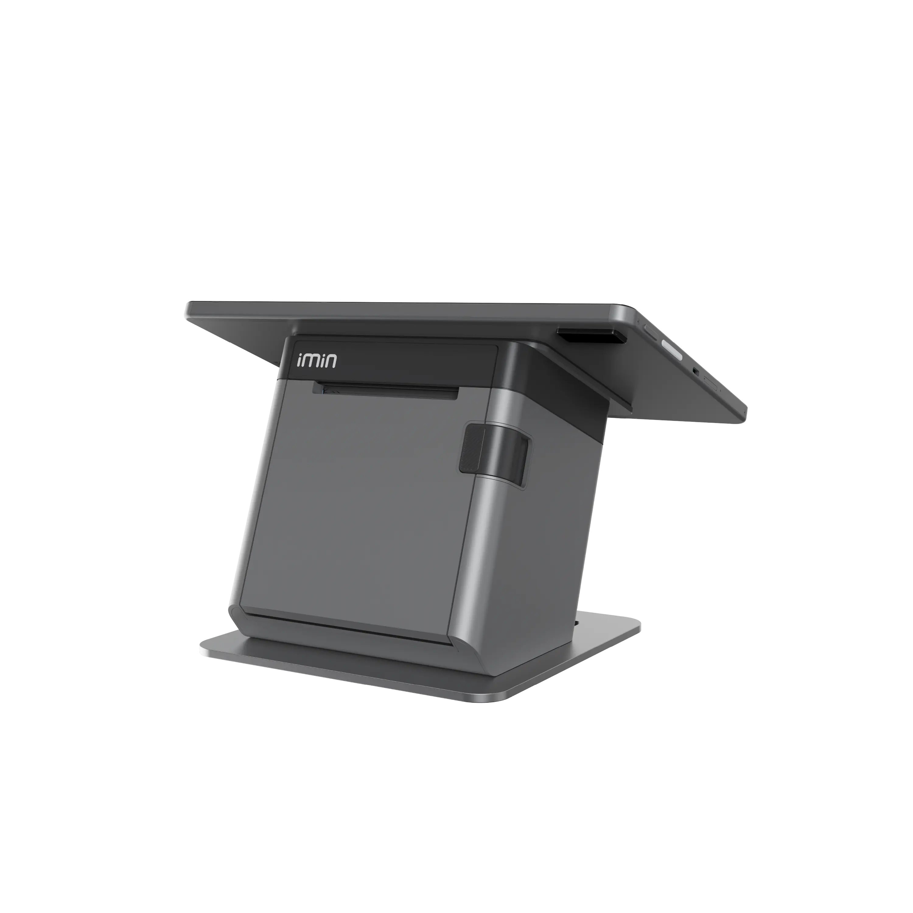 Gray iMin point of sale system with touchscreen tablet and receipt printer on a stand.