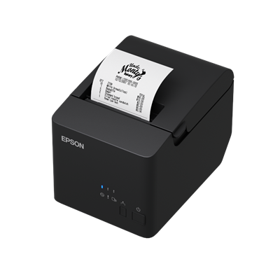 Black Epson receipt printer printing a receipt with menu text on white paper.