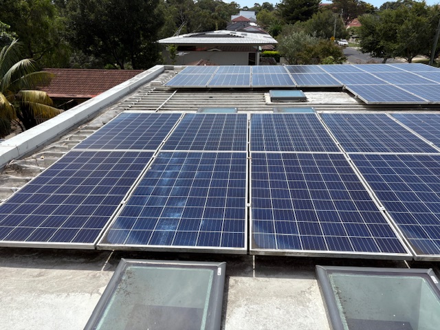 Rooftop solar array between two skylights with neighbouring houses and palms behind