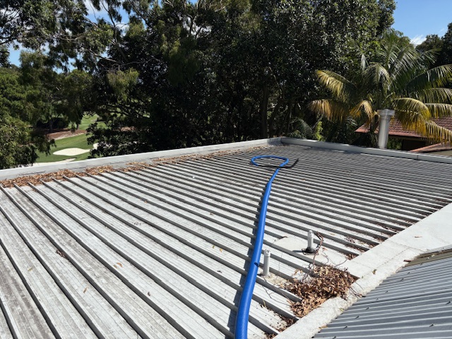 Blue cleaning hose running across a corrugated roof with leaves in the gutter