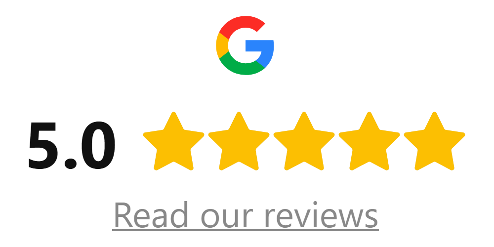 Google logo above a 5.0 rating with five gold stars and a link text reading 'Read our reviews'.