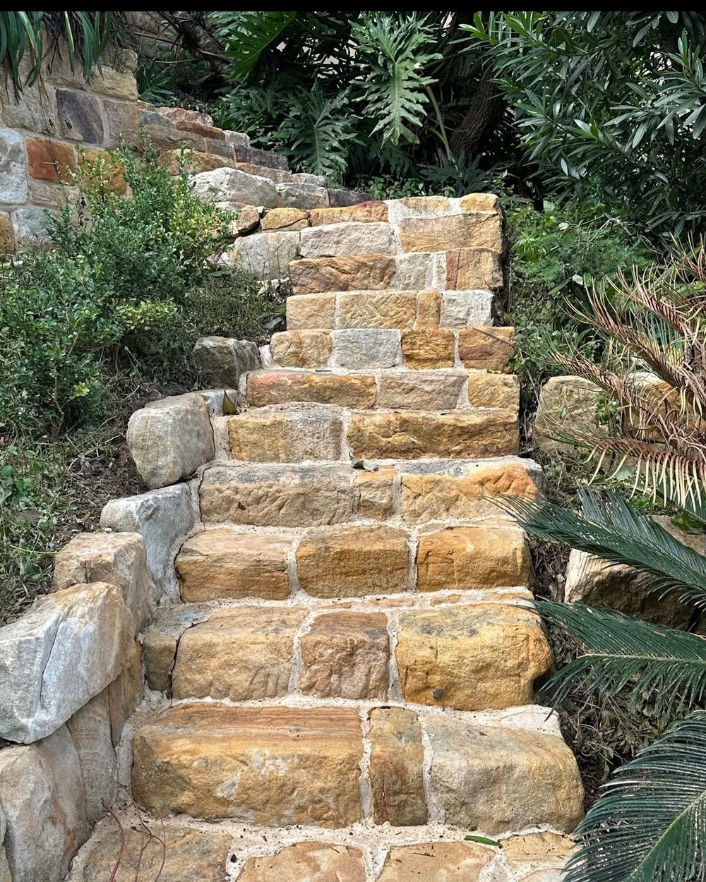 The same Sydney sandstone garden steps cleaned back to bare honey-coloured stone after pressure washing.