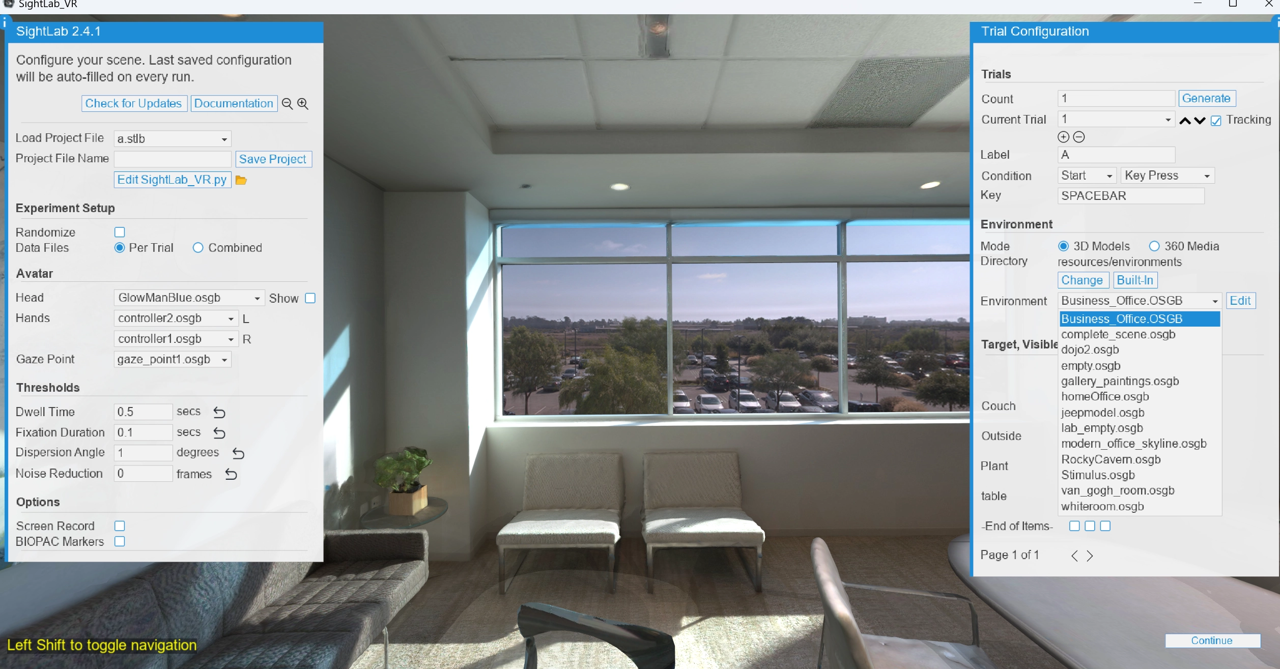 Intuitive GUI for configuring VR experiments
