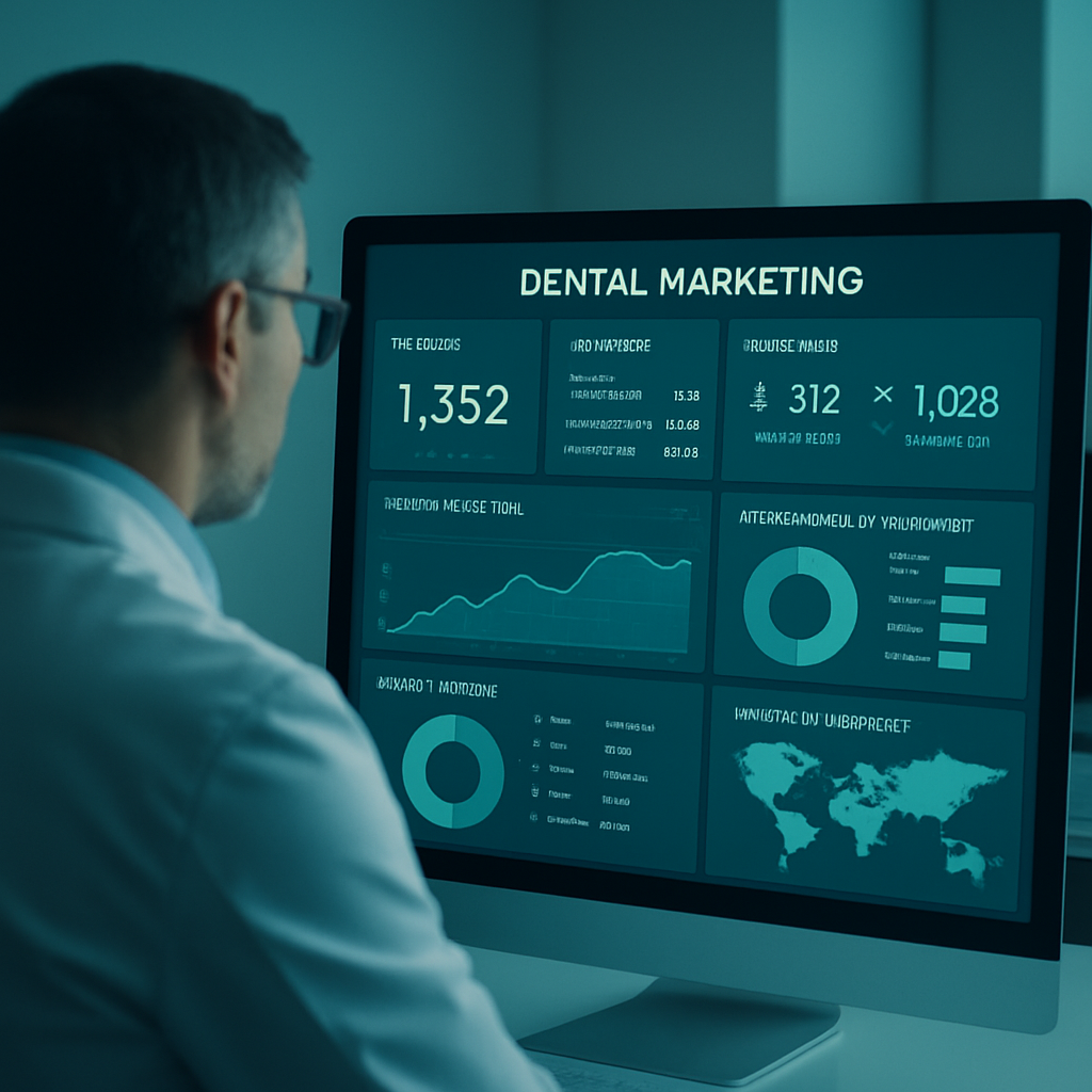 Dentist analyzing patient data on a digital dashboard in a marketing command center for AI marketing