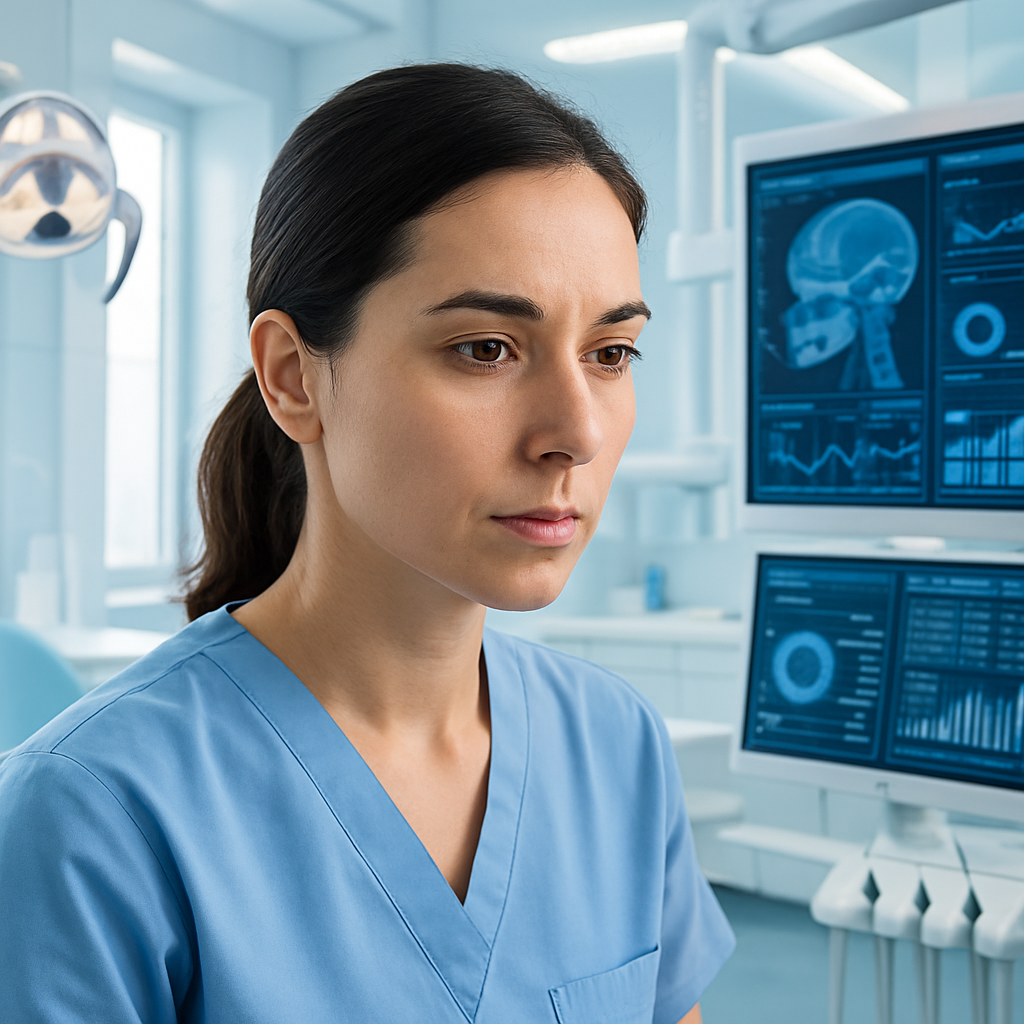 A dental professional intently using advanced analytics software in a high-tech office.