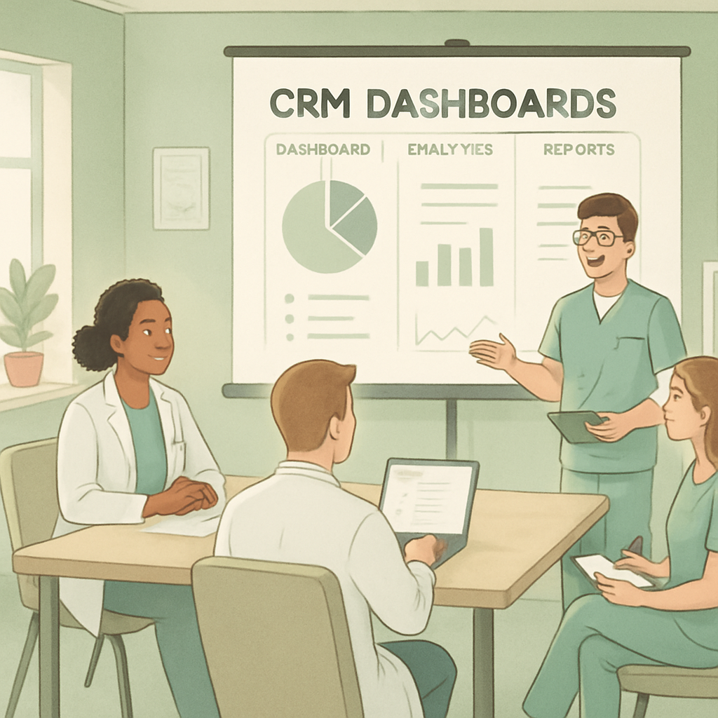 Clinic staff engaging in a collaborative meeting in office space with CRM dashboards on a projector.