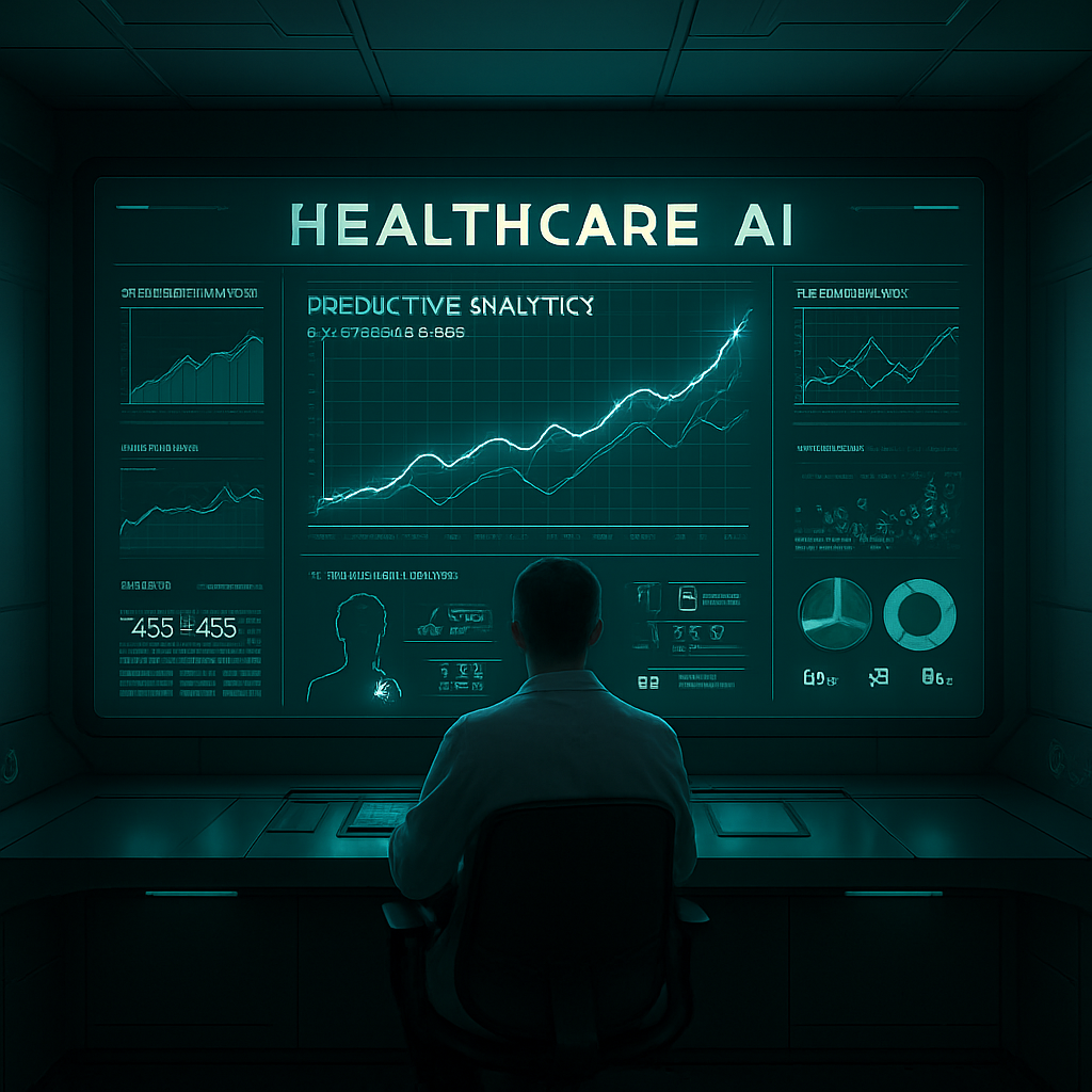 Futuristic AI system in a control room predicting patient trends