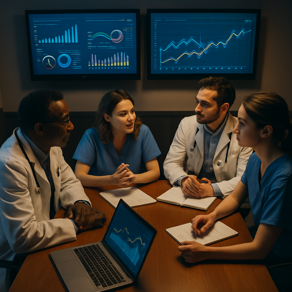Team of clinicians in a conference room discussing digital data.