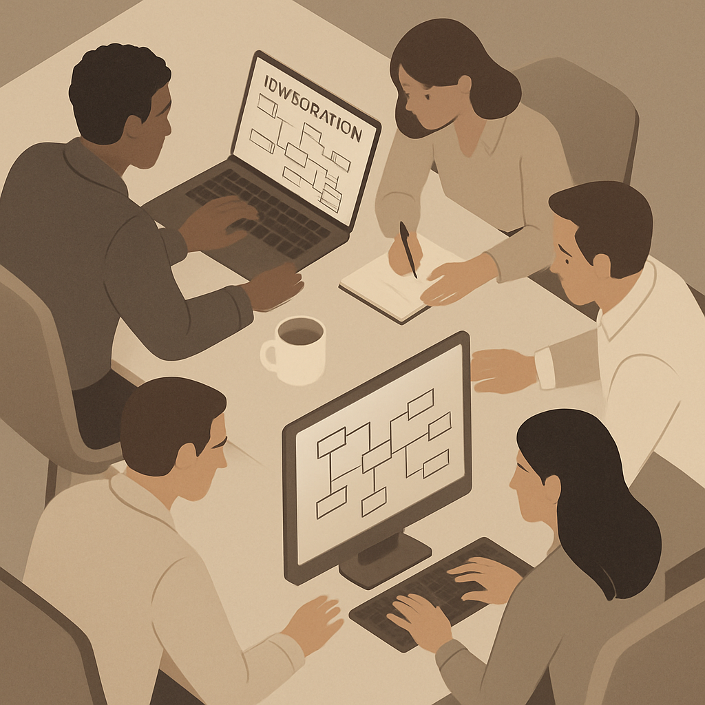 Team of professionals collaborating around a screen showing integration flowcharts