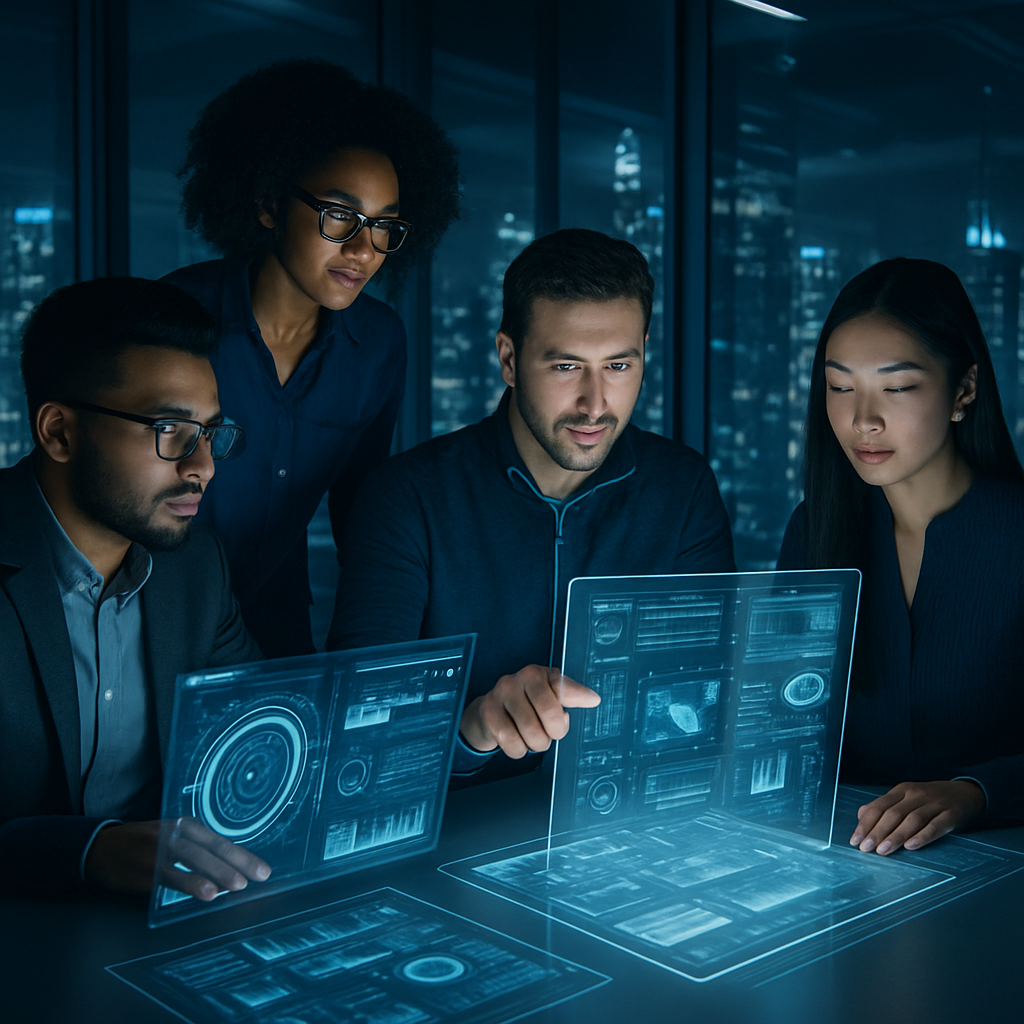 Futuristic office with professionals using digital interfaces