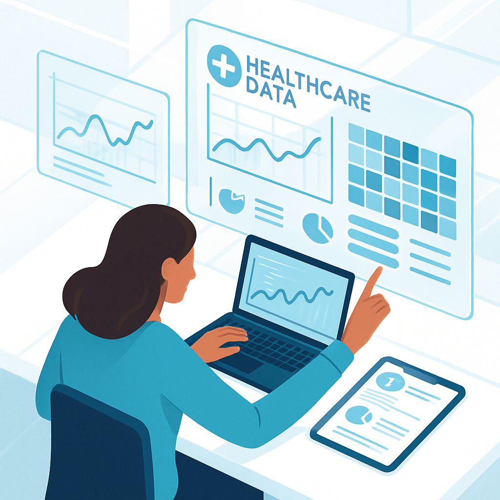 Data analyst illustrating healthcare data with visualization tools on a transparent dashboard.