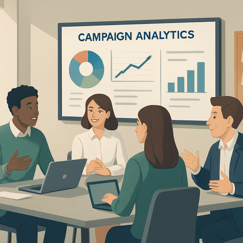 Marketing team in a discussion with campaign analytics displayed on a screen in a bright conference room.