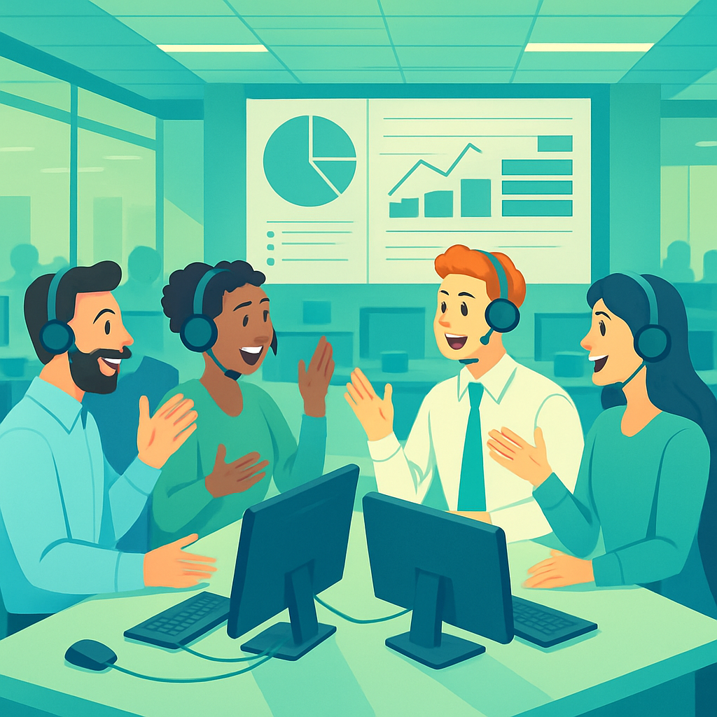 Call center representatives conversing in an open office with computer screens and headsets