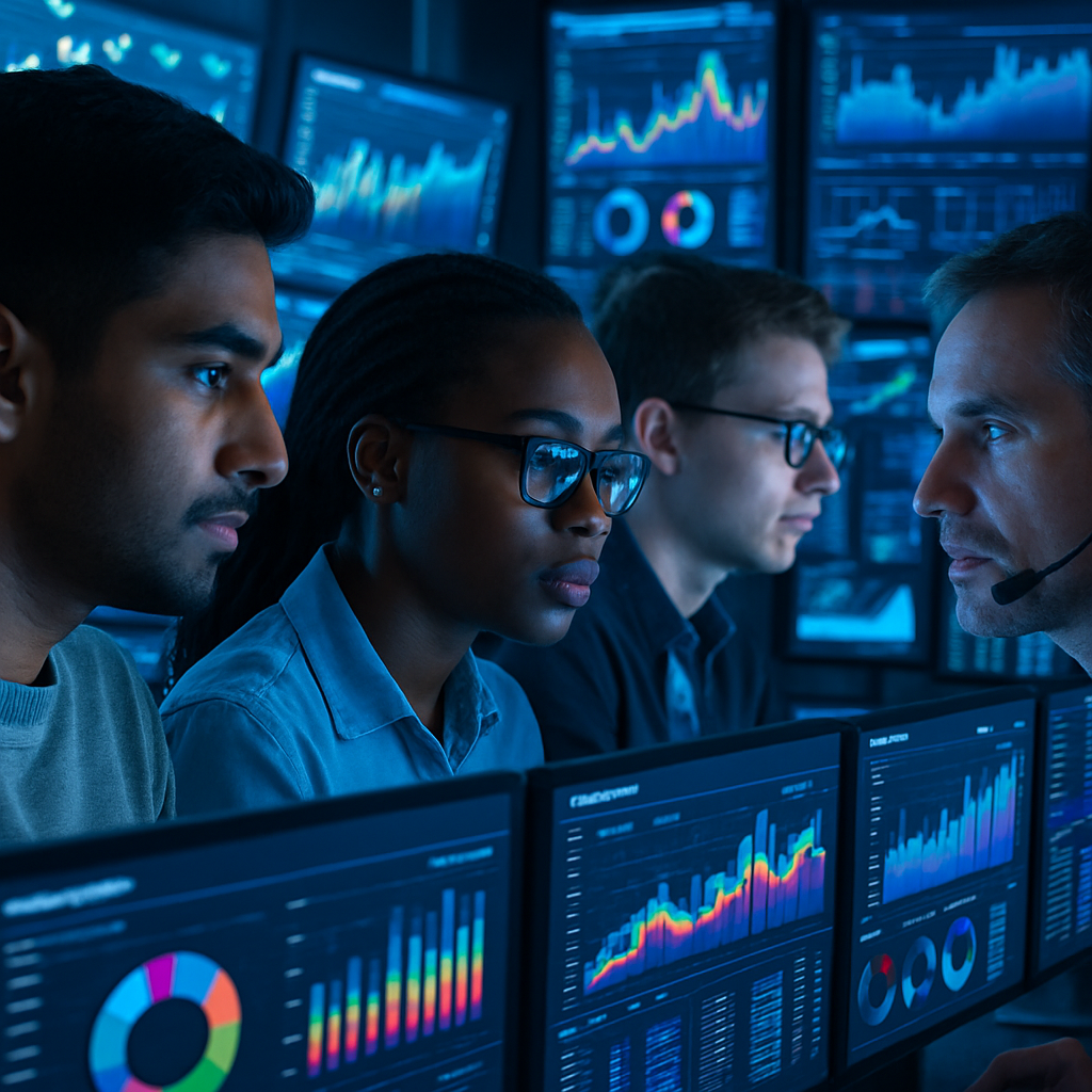 Closeup of a diverse team analyzing data with multiple screens displaying graphs.