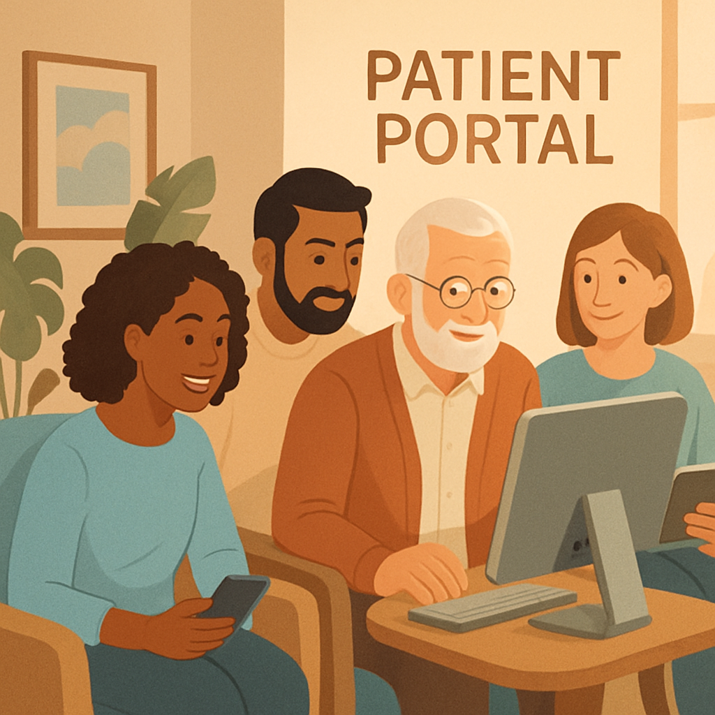 Patients of varying backgrounds using a computer to access a patient portal in a waiting area