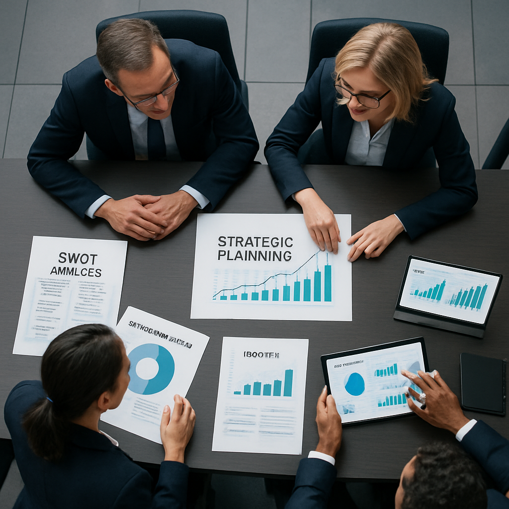 Professionals in a conference room engaged in strategic planning