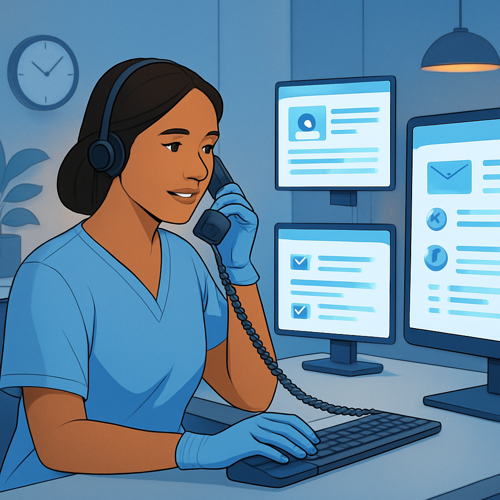 Dental support staff managing patient communications on multiple screens.