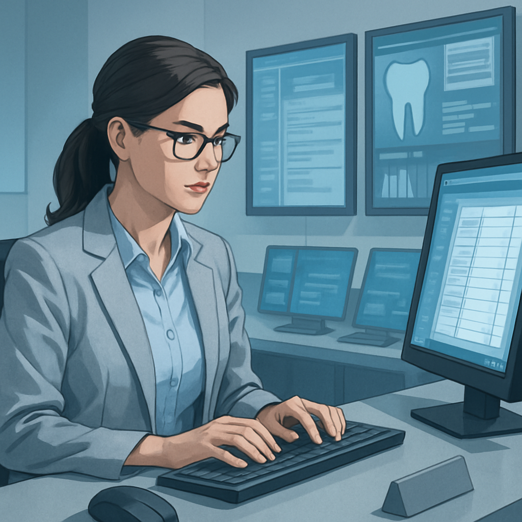 A receptionist efficiently navigates reminder software on multiple screens in a high-tech office.