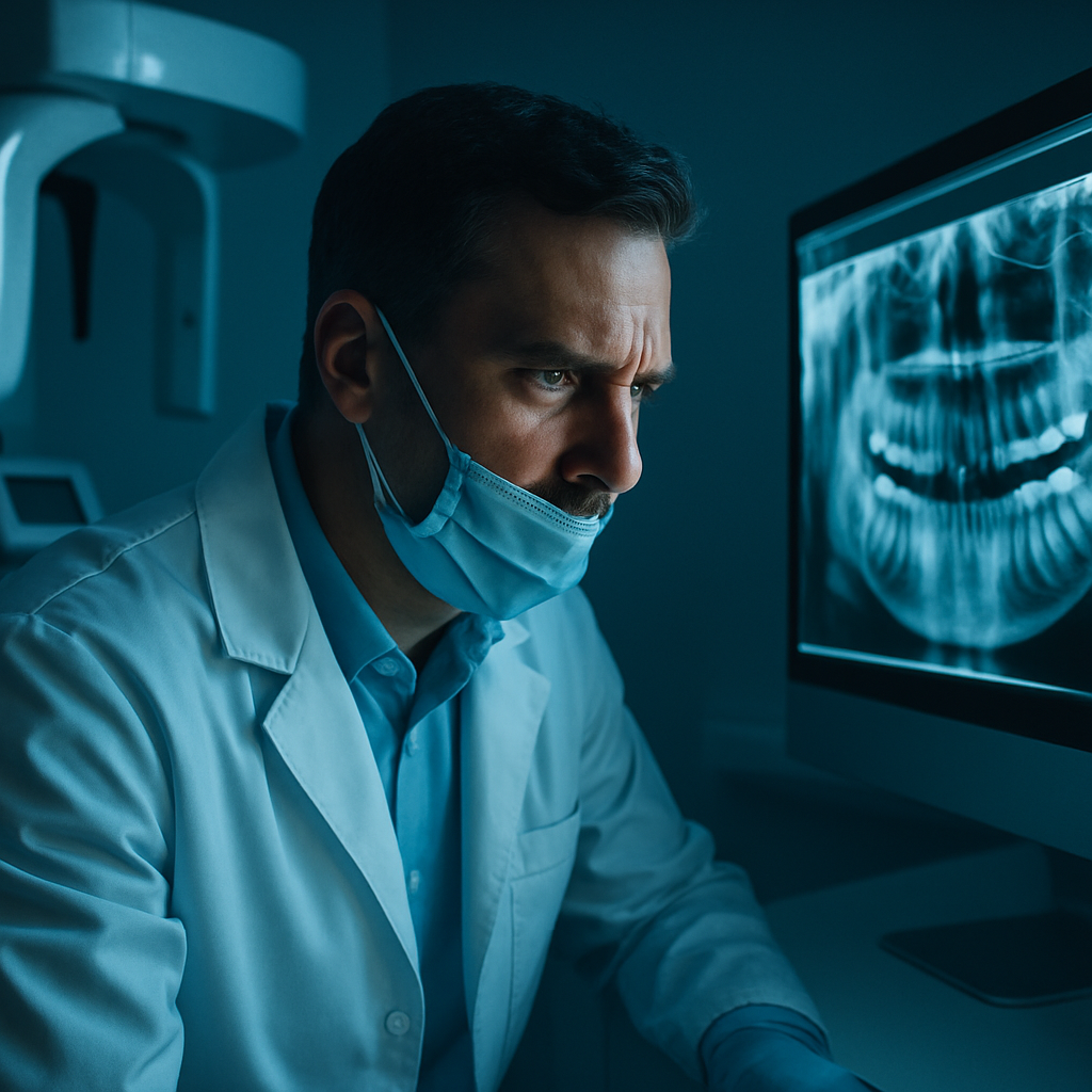 A dentist focused intently on diagnostics while examining dental images in a high-tech room.