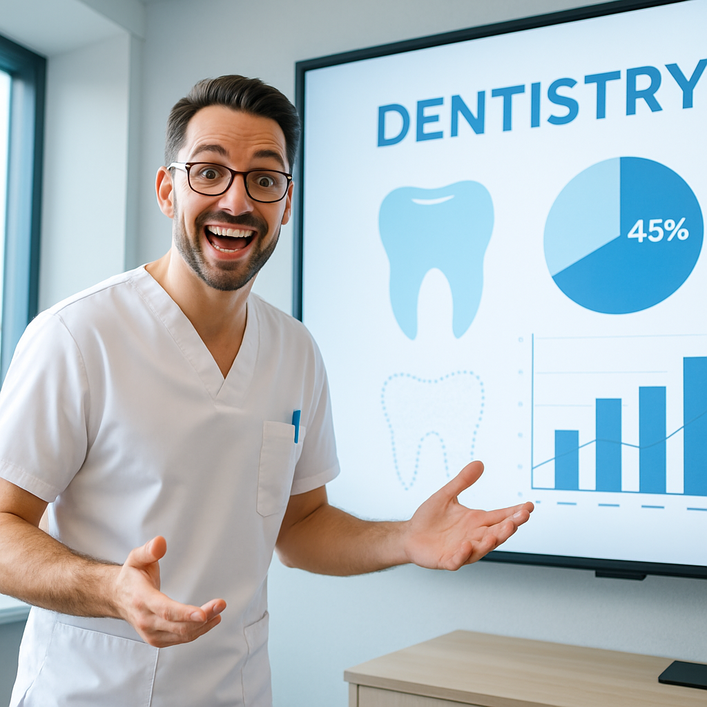 Dental practitioner enthusiastically presenting AI success in clinic